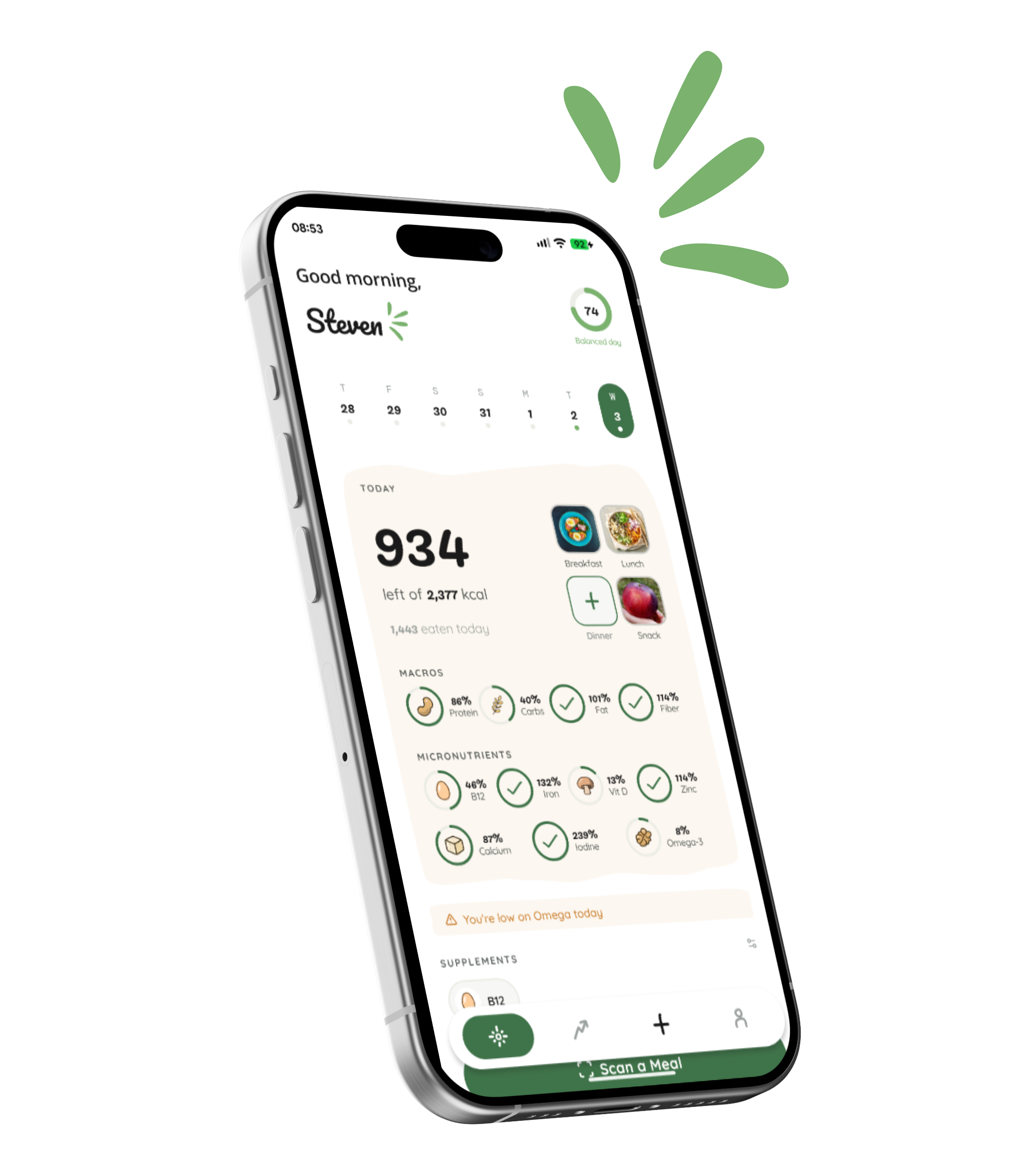The Replete app dashboard showing daily calories, macros, and nutrient rings for B12, iron and omega-3